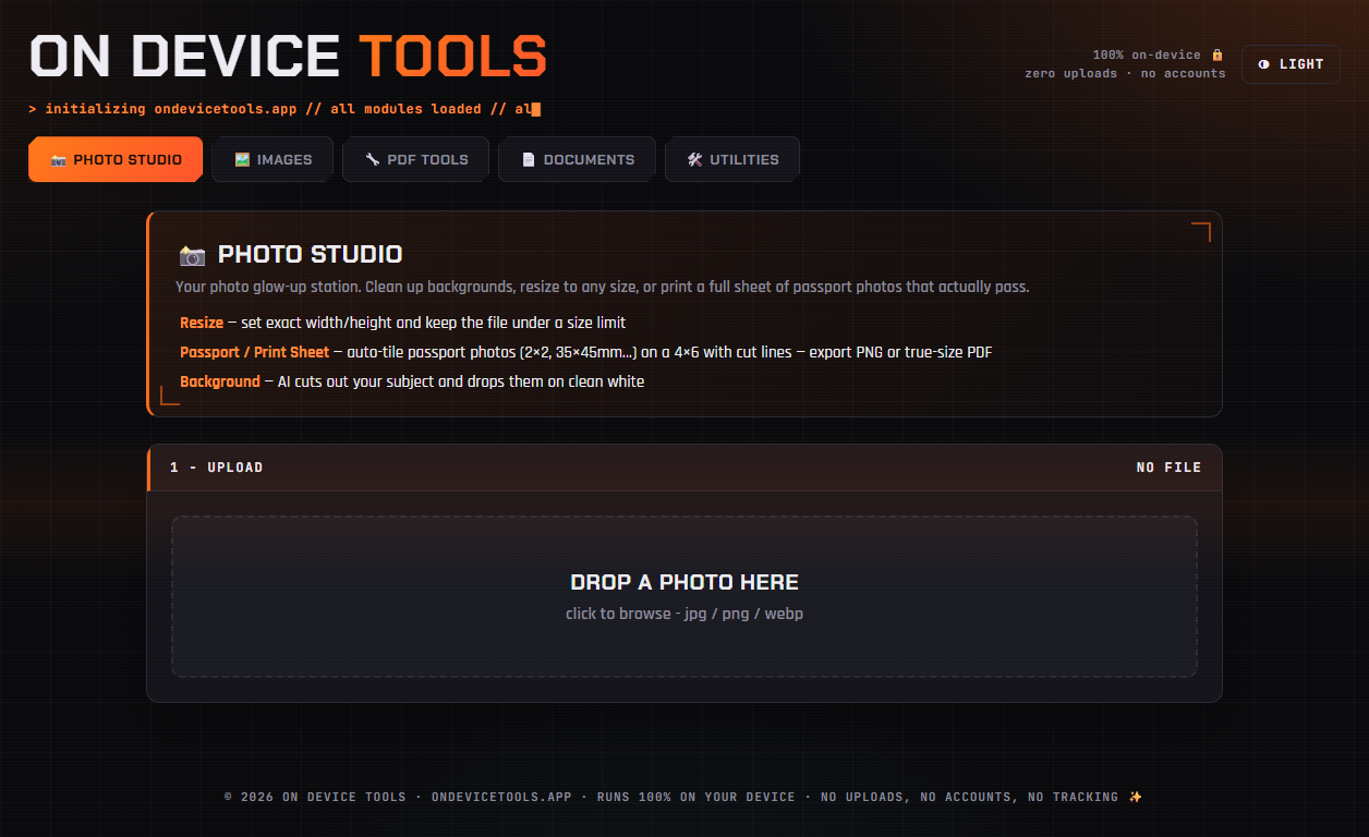 Photo Studio tab in On Device Tools with the photo upload drop zone