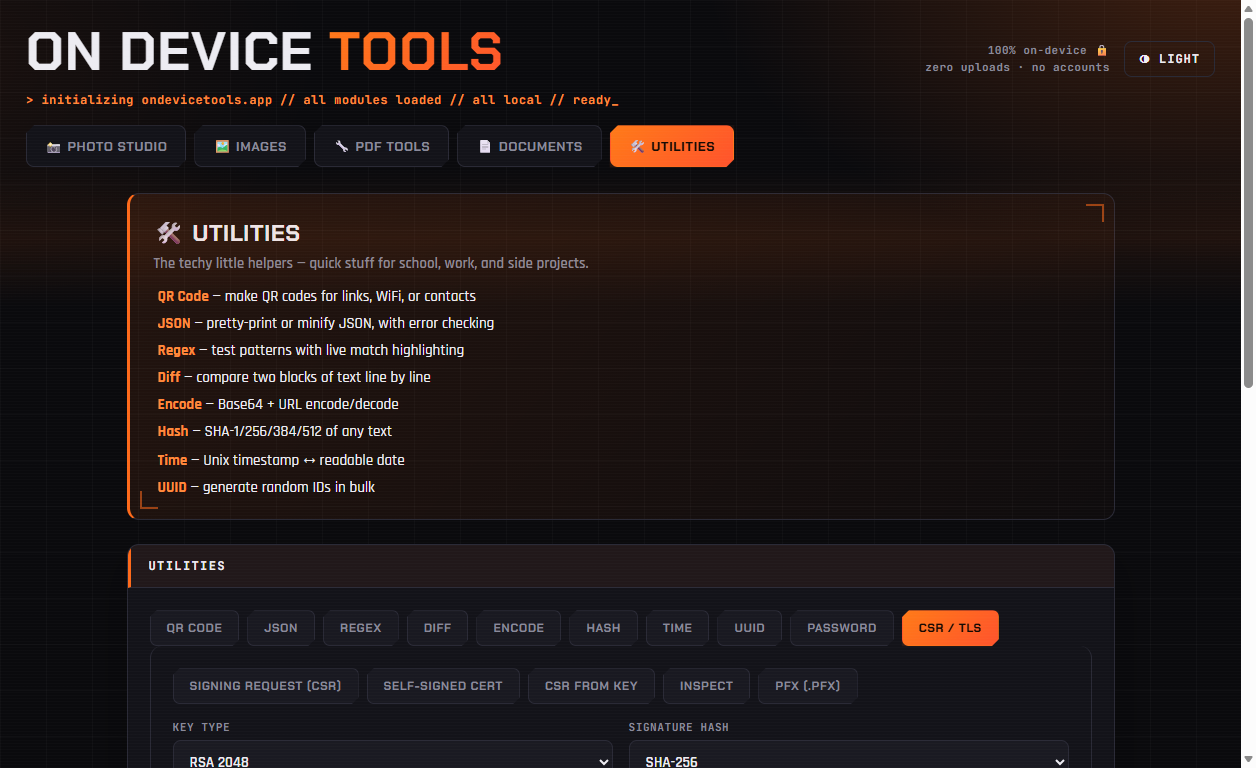 CSR and TLS certificate generator in On Device Tools